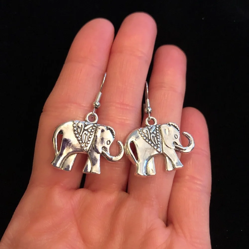 Silver Tone Elephant Dangle Earrings